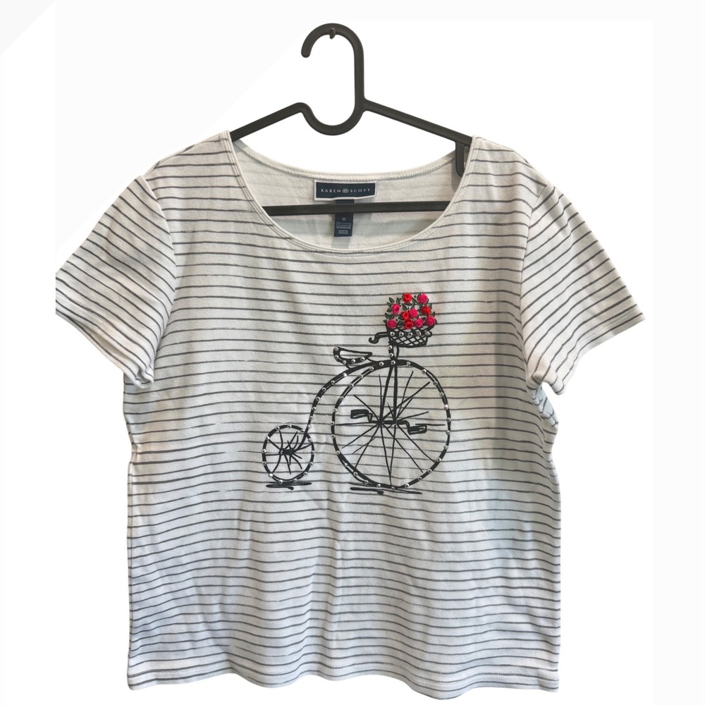 Karen Scott Striped Bicycle Floral Embroidered T Shirt Women's Medium